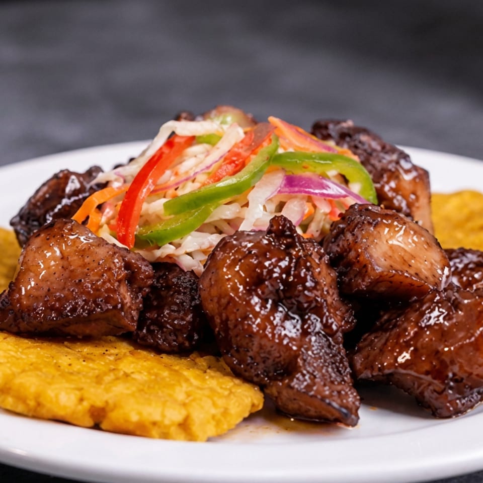 Glazed grilled meat chunks served with golden fried plantains and colorful cabbage slaw on a white plate.