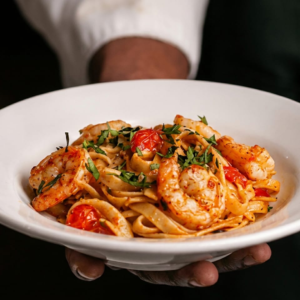 Chef presents a bowl of shrimp pasta with cherry tomatoes and fresh herbs.